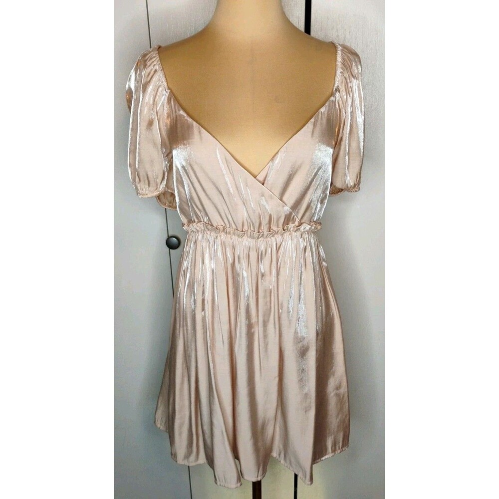 Forever 21 Beige Satin Mini Dress Sz S Puff Sleeve V-Neck Open Back Tie